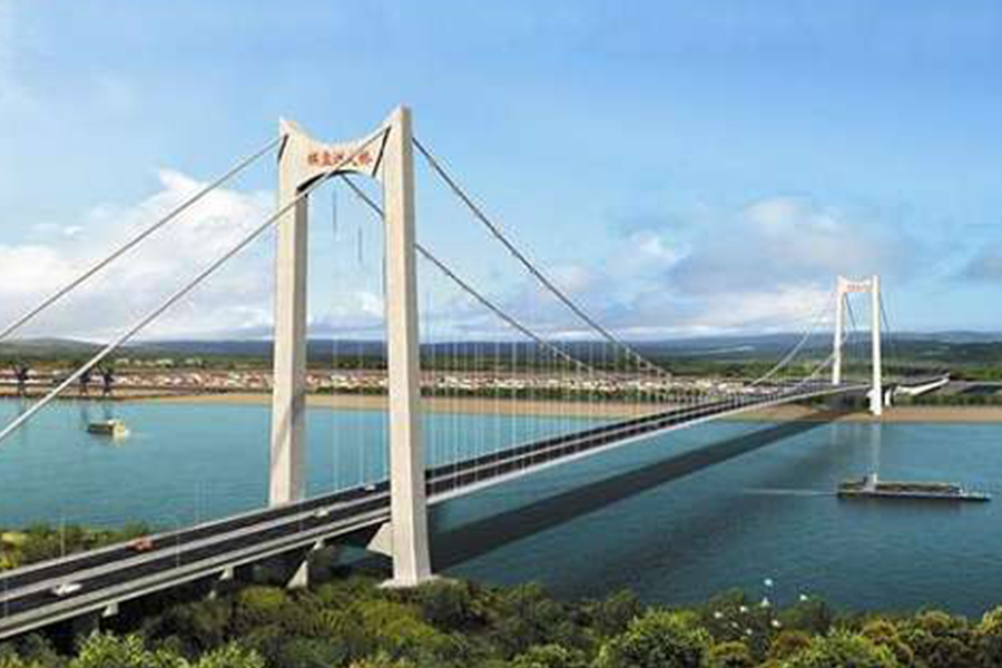 湖北棋盤洲長江公路大橋為地錨式懸索橋,主跨1038米。.jpg